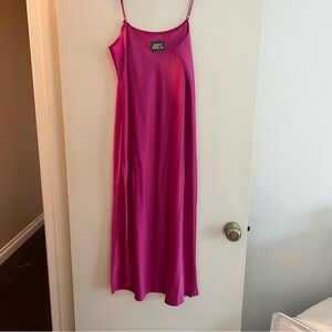 daily drills pink dress DAILY DRILLS SILKY MINI DRESS WITH NECK TIE, size small, color hot pink, boxy, shift style mini dress with deep scoop-back and adjustable neck tie, body: 100% polyester , lining: 97% polyester,
